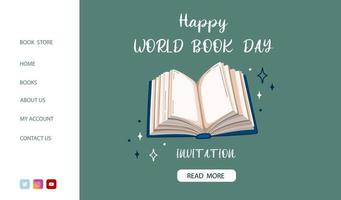 Banner template for world book day. Landing page with open book. vector