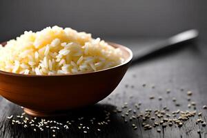 White rice in a wooden bowl studio shot, for commercial and product marketing promotion. photo