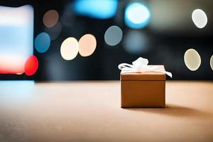 Small cute yellow gift box with bokeh background with some negative space to put text, background and backdrop. photo
