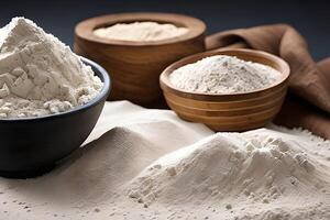 Three bowl of flour on the table, studio shot and marketing presentation. photo