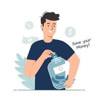 Money saving concept. Man putting money into money jar vector