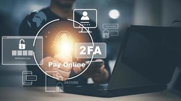 Man touch finger scan with Cybersecurity privacy protect data. 2FA internet network security technology, Two Factor Authentication, Cyber Security privacy protect data, Protection hacked connections. photo