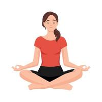 contento mujer con cerrado ojos sentado en loto posición practicando yoga vector plano ilustración. sonriente hembra con cruzado piernas meditando en estera aislado en blanco. relajado persona disfrutando ocio