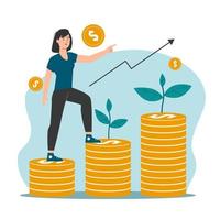 mujer en apilar de monedas con flecha arriba. inversión y Finanzas crecimiento concepto vector
