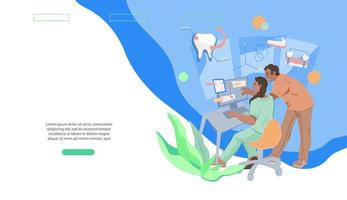 Dentistry and stomatology services website banner template with dentists modeling dental treatment process, flat vector illustration. Landing page for dental care and transplant or implant of teeth.