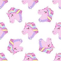 Seamless textile pattern with rainbow unicorn, flat cartoon vector illustration on white. Repeatable endless decorative background with pink unicorns head for print and wallpaper.