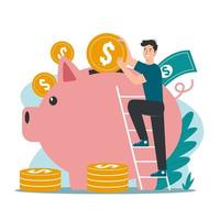 Man putting coin into piggy bank. Money saving concept vector