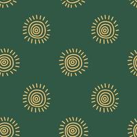 Seamless pattern with abstract sun on green background. Vector illustration in doodle style.