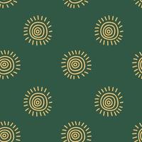 Seamless pattern with abstract sun on green background. Vector illustration in doodle style.