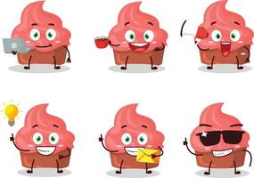 Strawberry cake cartoon character with various types of business emoticons vector