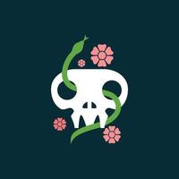 skull cranium brainpan snake flower clean modern flat logo design vector