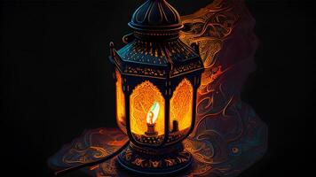 Ramadan Kareem celebration with Arabic lanterns, bokeh, and neon lights creates an enchanting atmosphere on a stage backdrop. Ideal for wallpapers and banners. . photo