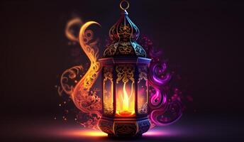 Ramadan Kareem celebration with Arabic lanterns, bokeh, and neon lights creates an enchanting atmosphere on a stage backdrop. Ideal for wallpapers and banners. . photo