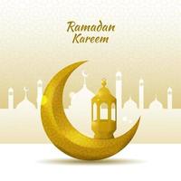 Ramadan kareem greeting background with gold crescent moon and lantern vector