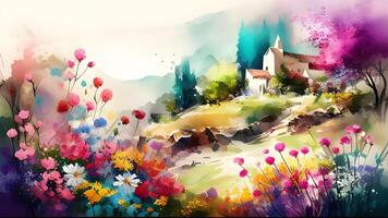 Watercolor spring landscape design with Trees, and flowers. photo