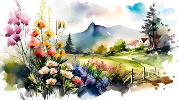 Watercolor spring landscape design with Trees, and flowers. photo