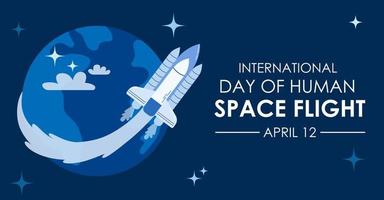 internacional día de humano espacio vuelo en abril 12 el cohete vuelo alrededor el tierra en espacio. plano dibujos animados ilustración en mano dibujado estilo. vector