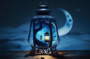 Virtual Ramadan Kareem Celebration with AI-Generated Arabic Lantern, Candle, and moon on a blue background photo