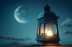 Virtual Ramadan Kareem Celebration with AI-Generated Arabic Lantern, Candle, and moon on a blue background photo