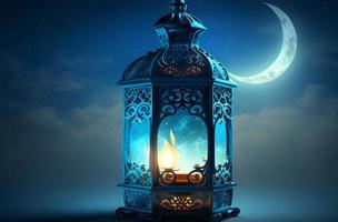Virtual Ramadan Kareem Celebration with AI-Generated Arabic Lantern, Candle, and moon on a blue background photo