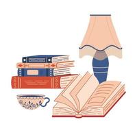 Stack of books, table lamp, and cup of tea isolated. Vector flat cartoon illustration of workspace, learning and education.