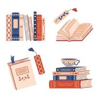 Various paper books, books lying in various positions, standing on shelves, open, closed, a cup with a hot drink. Hand drawn flat illustration of books. vector