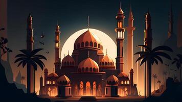 Springtime Ramadan Kareem and Eid historical mosque and moon dark night view background. . photo