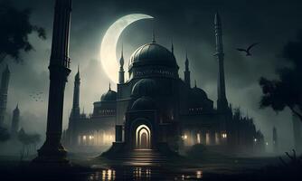 Springtime Ramadan Kareem and Eid historical mosque and moon dark night view background. . photo