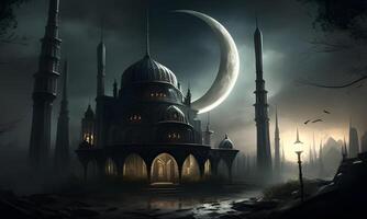 Springtime Ramadan Kareem and Eid historical mosque and moon dark night view background. . photo