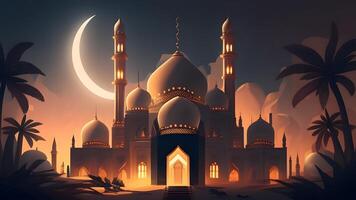 Springtime Ramadan Kareem and Eid historical mosque and moon dark night view background. . photo