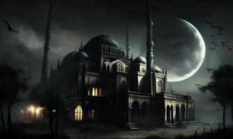 Springtime Ramadan Kareem and Eid historical mosque and moon dark night view background. . photo