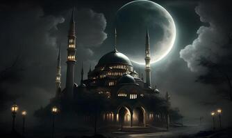 Springtime Ramadan Kareem and Eid historical mosque and moon dark night view background. . photo