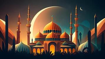 Springtime Ramadan Kareem and Eid historical mosque and moon dark night view background. . photo