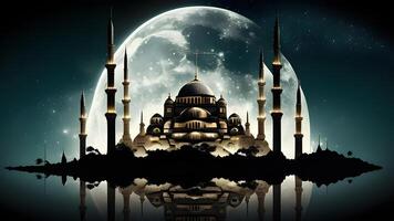 Springtime Ramadan Kareem and Eid historical mosque and moon dark night view background. . photo