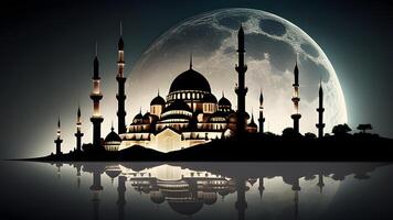 Springtime Ramadan Kareem and Eid historical mosque and moon dark night view background. . photo