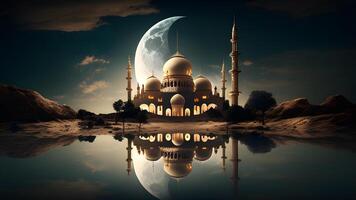 Springtime Ramadan Kareem and Eid historical mosque and moon dark night view background. . photo