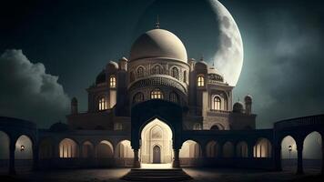 Springtime Ramadan Kareem and Eid historical mosque and moon dark night view background. . photo