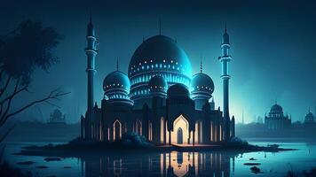primavera Ramadán kareem y eid histórico mezquita y Luna oscuro noche ver antecedentes. generativo ai. foto