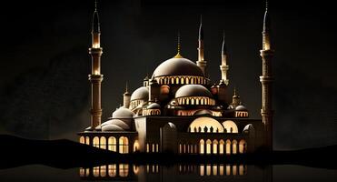 Springtime Ramadan Kareem and Eid historical mosque and moon dark night view background. . photo