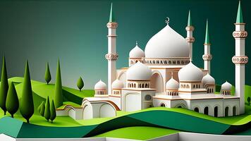 Springtime Ramadan Kareem and Eid historical mosque and moon dark night view background. . photo