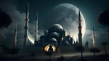 Springtime Ramadan Kareem and Eid historical mosque and moon dark night view background. . photo