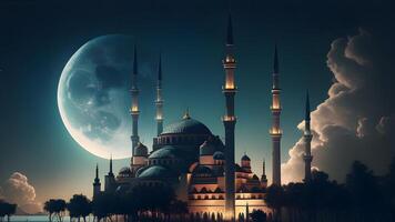 Springtime Ramadan Kareem and Eid historical mosque and moon dark night view background. . photo