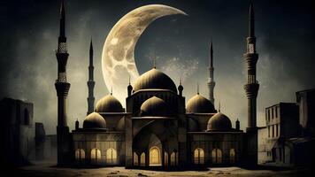 Springtime Ramadan Kareem and Eid historical mosque and moon dark night view background. . photo