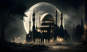 Springtime Ramadan Kareem and Eid historical mosque and moon dark night view background. . photo