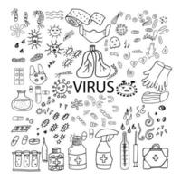 Doodle style virus medicine Medical items. vector