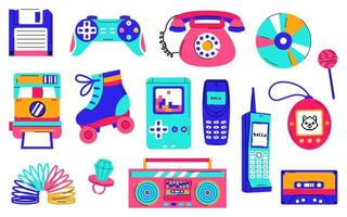 Set of colorful retro pop culture items from 80s and 90s in modern flat style and line style. Hand drawn y2k vector illustration isolated on white background.