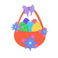 Easter basket with painted eggs and bow , vector image , isolated on white background , holiday congratulation