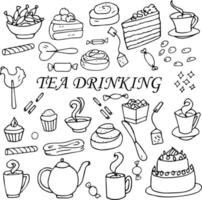 Set tea set baking tea sweets. Doodle illustration for the menu. vector