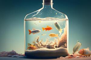 un botella de agua y pescado en el azul mar ilustración. generativo ai foto