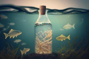 A bottle of water and fish in the blue sea illustration. photo